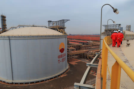 A liquefied natural gas storage tank is seen at Caofeidian terminal, in Tangshan, Hebei province, China October 17, 2017. Picture taken October 17, 2017. REUTERS/ Aizhu Chen