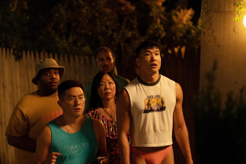 Fire Island movie Searchlight Pictures. (From L-R): Torian Miller, Bowen Yang, Margaret Cho, Tomas Matos and Joel Kim Booster in the film FIRE ISLAND. Photo by Jeong Park. Courtesy of Searchlight Pictures. © 2022 20th Century Studios All Rights Reserved