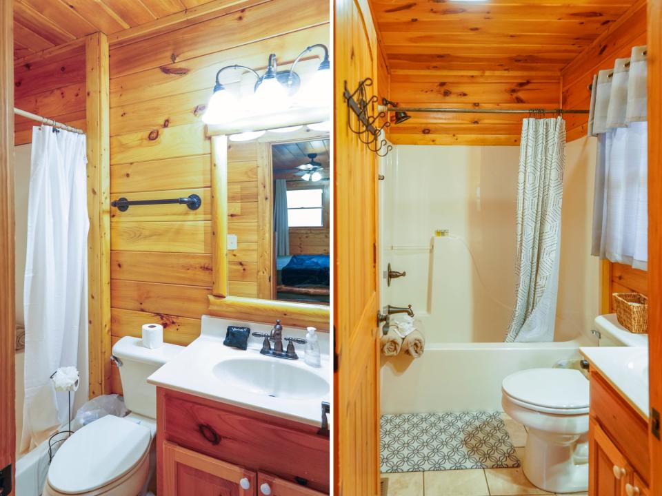 Left image: bottom floor bathroom with wooden walls and a white shower curtain and toilet on the right. There's an industrial towel ball mounted above the toilet.  To the left, there's a vanity with three bell-shaped lights at the top, a square mirror, and a white faucet on top of a wooden cabinet