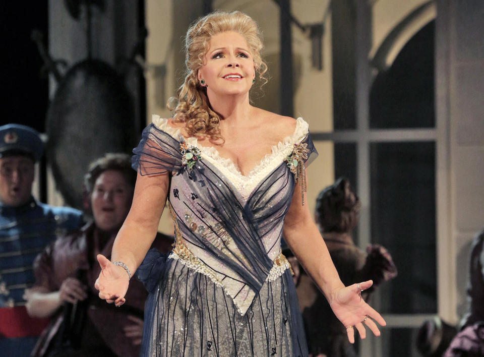 This June 2013 photo provided by the The Santa Fe Opera shows Susan Graham during a rehearsal of an Offenbach comedy, "The Grand Duchess of Gerolstein," at the Santa Fe Opera in Santa Fe, N.M. (AP Photo/The Santa Fe Opera, Ken Howard)