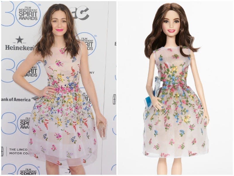 Emmy Rossum as a Barbie in a side by side image