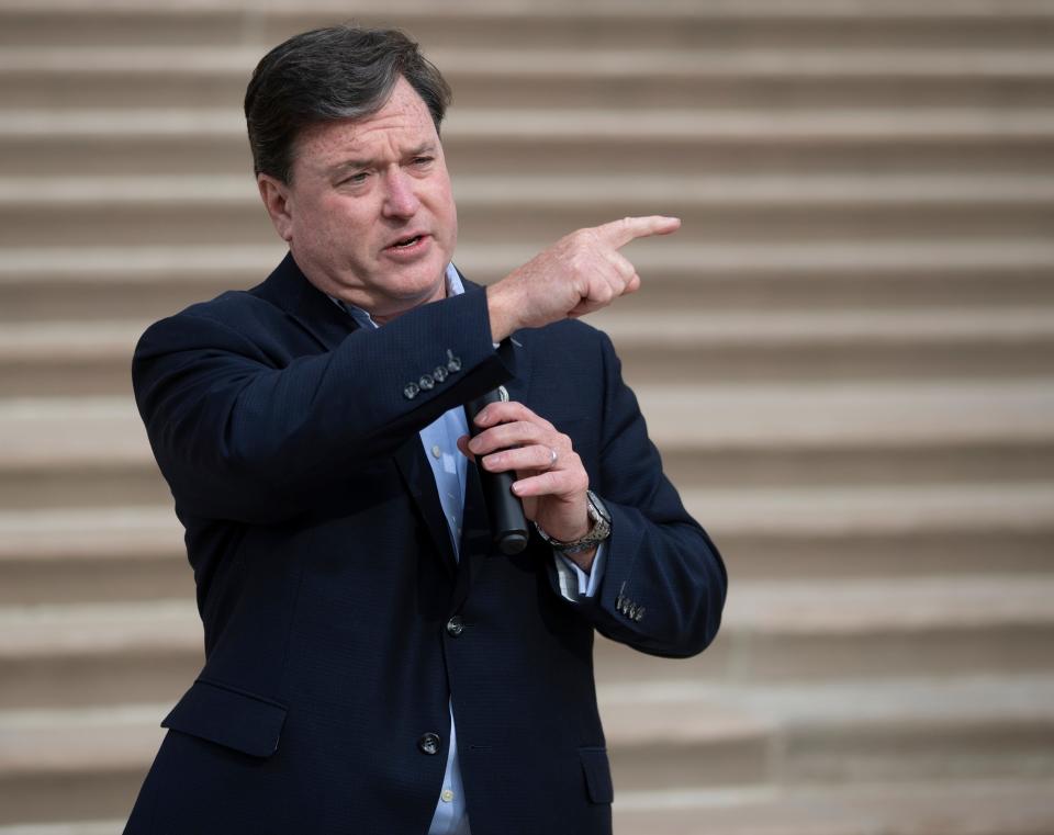 Indiana Attorney General Todd Rokita speaks to about 100 supporters at the Indiana Statehouse who are against government mask mandates, Tuesday, Nov. 16, 2021, during Organization Day. 