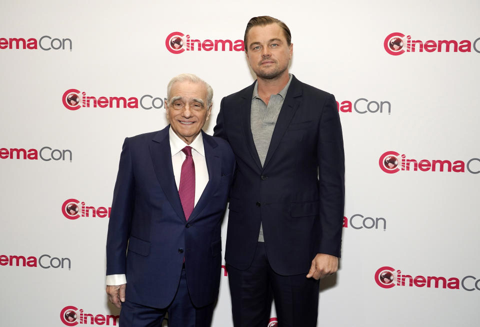 Director Martin Scorsese, left, and Leonardo DiCaprio pose together at the Martin Scorsese "Legend of Cinema" Award Presentation during CinemaCon 2023, the official convention of the National Association of Theatre Owners (NATO) at Caesars Palace, Thursday, April 27, 2023, in Las Vegas. (AP Photo/Chris Pizzello)