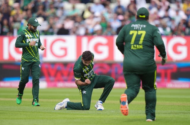 Haris Rauf, centre, celebrates the wicket of Will Jacks