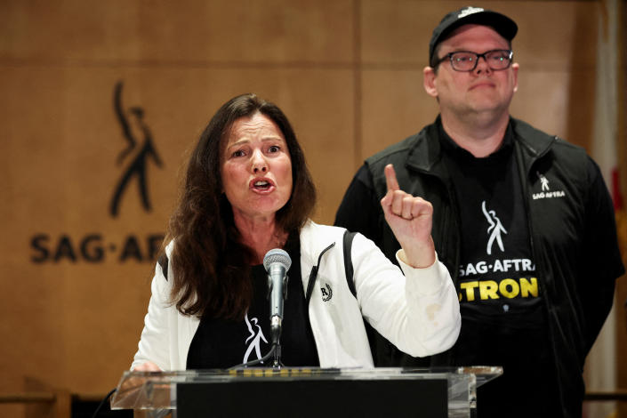 SAG-AFTRA Union President Fran Drescher speaks alongside Duncan Crabtree-Ireland, SAG-AFTRA National Executive Director and Chief Negotiator, at the SAG-AFTRA offices after the end of negotiations with the Alliance of Motion Picture and Television Producers in Los Angeles on July 13. 