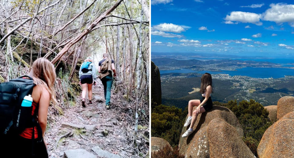 Three hikers are seen taking a covered track (left) and a woman sitting on a rock overlooking the city of Hobart (right)