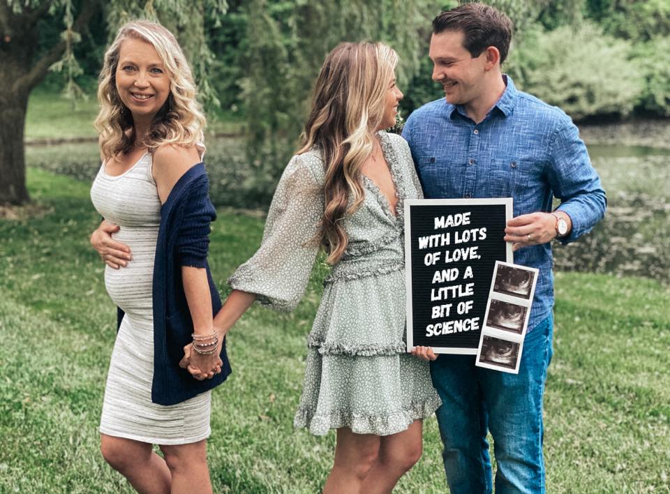 Breanna Lockwood holds ultrasound and announcement of her first baby with husband Aaron. (right) Breanna's mother Julie cradles baby bump as surrogate for grandchild.