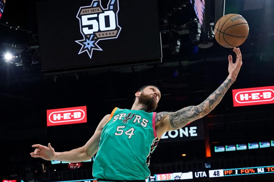 San Antonio Spurs forward Sandro Mamukelashvili tries to secure a rebound during the first half of the March 29 game against the Utah Jazz. At 20-59, the Spurs have one of the three worst records in the NBA. Only three games remain, and these next two will be played in Austin's Moody Center.