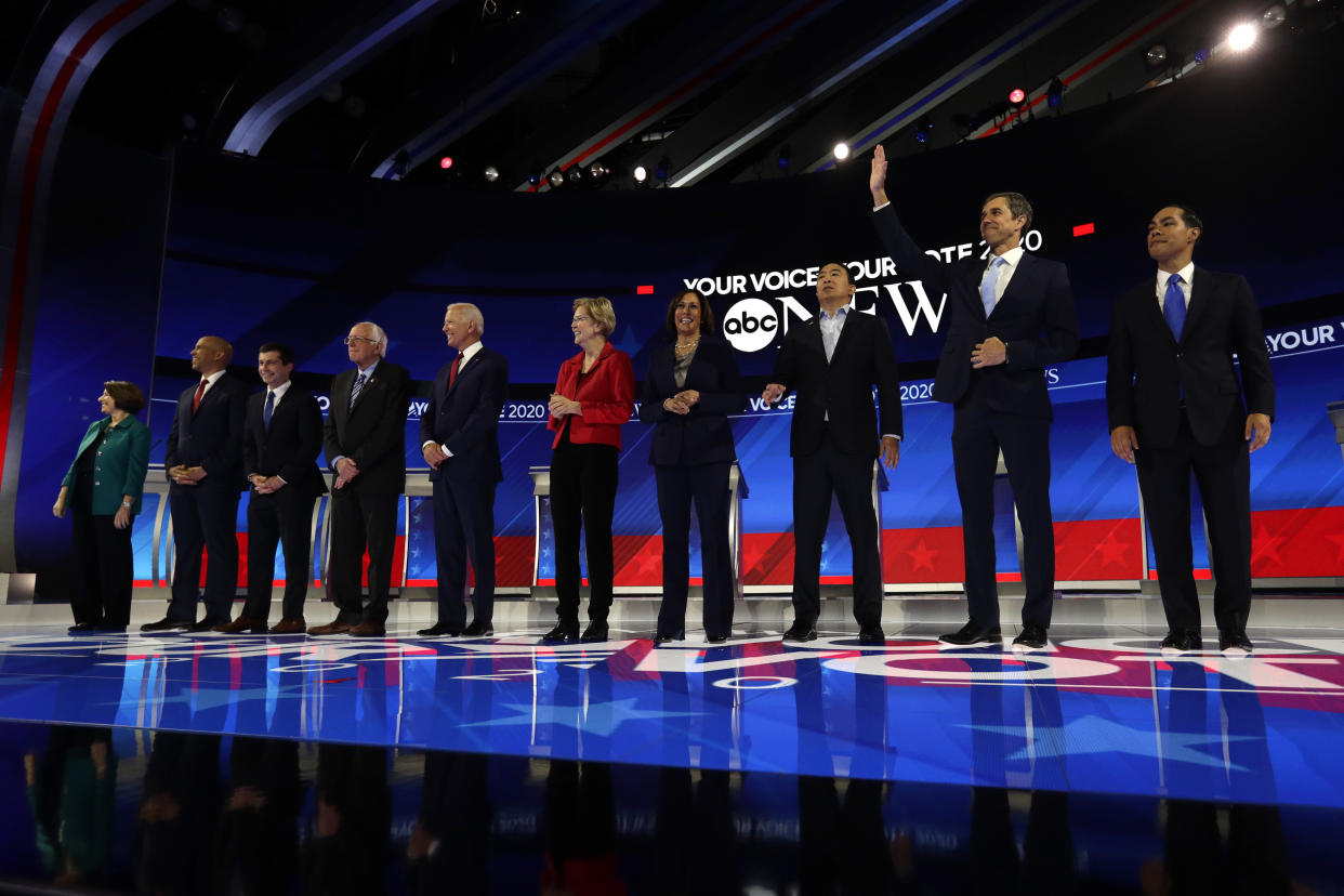 From left, Democratic presidential candidates Sen. Amy Klobuchar, D-Minn., Sen. Cory Booker, D-N.J., South Bend Mayor Pete Buttigieg, Sen. Bernie Sanders, I-Vt., former Vice President Joe Biden, Sen. Elizabeth Warren, D-Mass., Sen. Kamala Harris, D-Calif., entrepreneur Andrew Yang, former Texas Rep. Beto O'Rourke and former Housing Secretary Julian Castro are introduced for the Democratic presidential primary debate hosted by ABC on the campus of Texas Southern University Thursday, Sept. 12, 2019, in Houston. (AP Photo/Eric Gay)