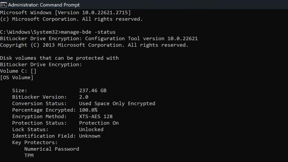 Image of command prompt command to check BitLocker encryption level