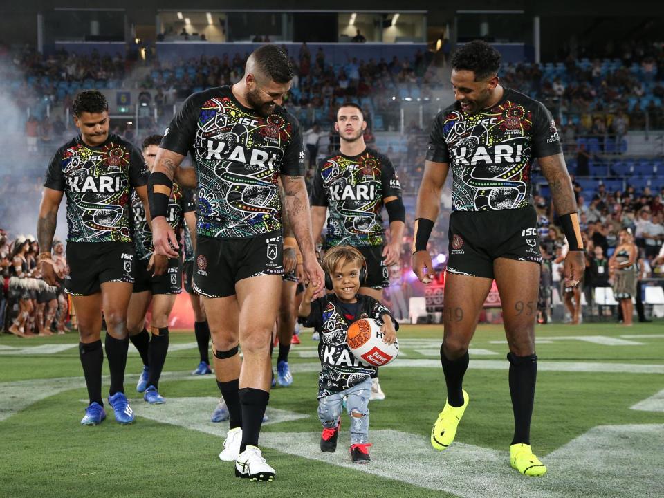 Quaden Bayles runs onto the field before the NRL match between the Indigenous All Stars and the New Zealand Maori Kiwis All Stars at Cbus Super Stadium on the Gold Coast, Australia: Getty