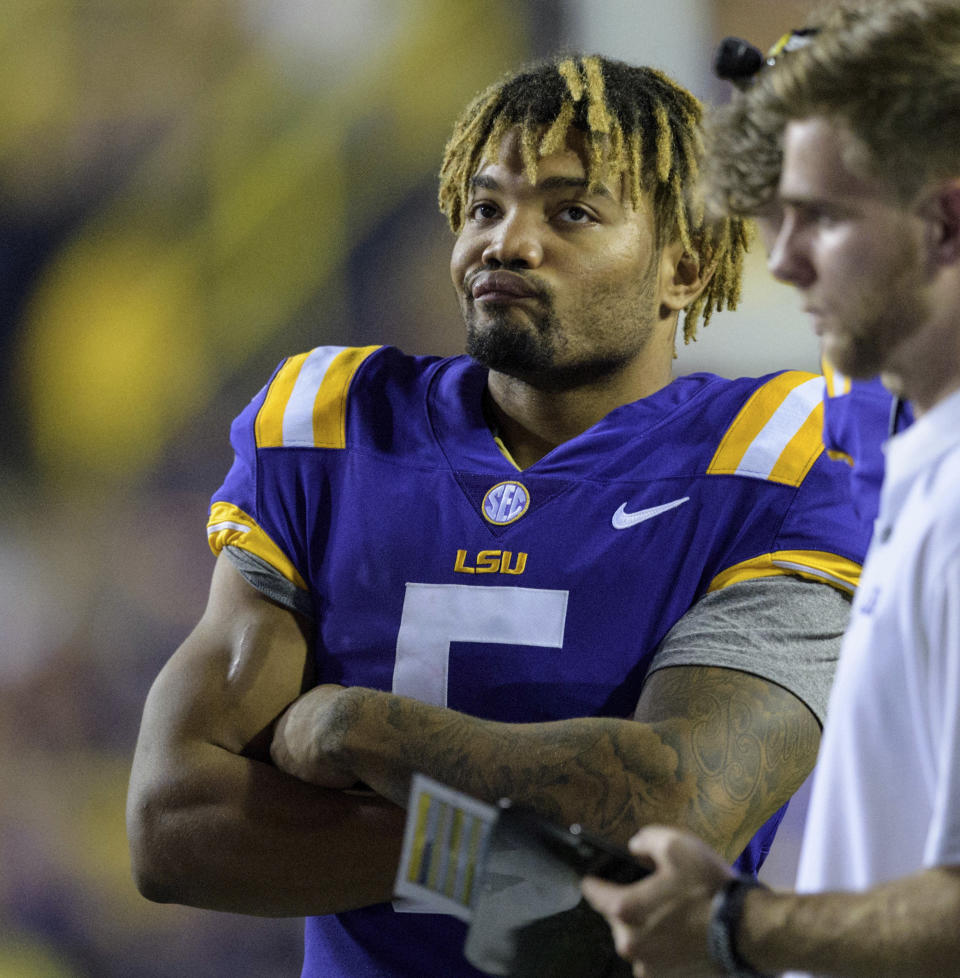 LSU running back Derrius Guice (5) reacts during his team’s loss to Troy. (AP)