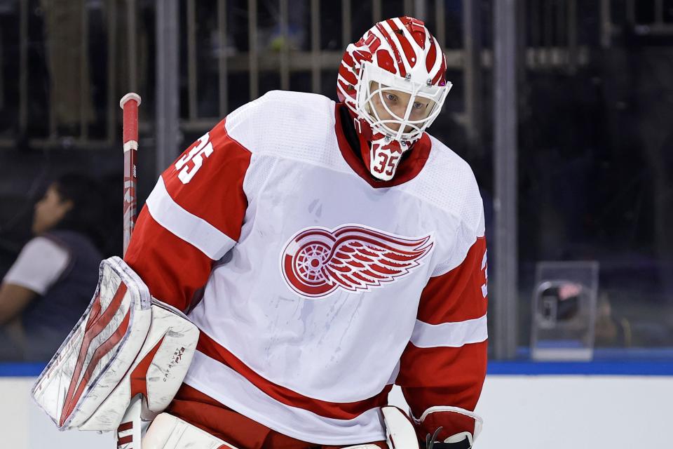 Red Wings goaltender Ville Husso reacts against the Rangers in the second period of the Wings' 5-3 loss on Tuesday, Nov. 7, 2023, in New York.