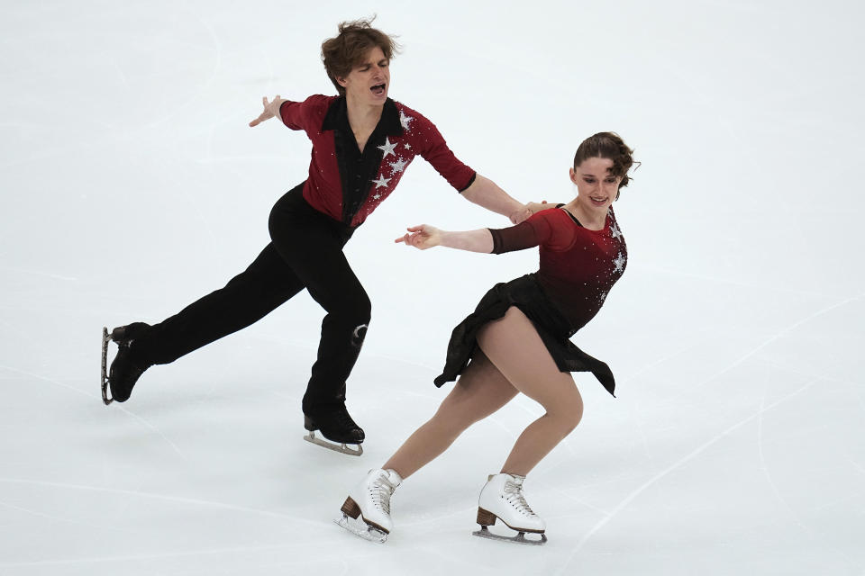 Oona Brown and Gage Brown compete during the rhythm dance program at the U.S. figure skating championships Thursday, Jan. 25, 2024, in Columbus, Ohio. (AP Photo/Sue Ogrocki)