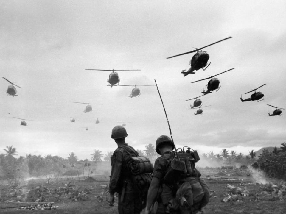 Combat helicopters during Operation Pershing, a search and destroy mission on the Bong Son Plain and An Lao Valley of South Vietnam, during the Vietnam War.