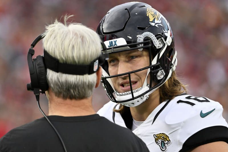 Quarterback Trevor Lawrence and the Jacksonville Jaguars will play a 2024 home game in London. File Photo by Steve Nesius/UPI