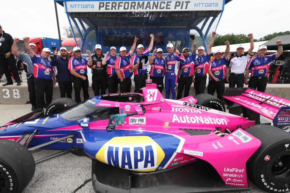 Alexander Rossi and his No. 27 Honda team celebrate after the driver landed his first IndyCar pole in more than three years Saturday at Road America.