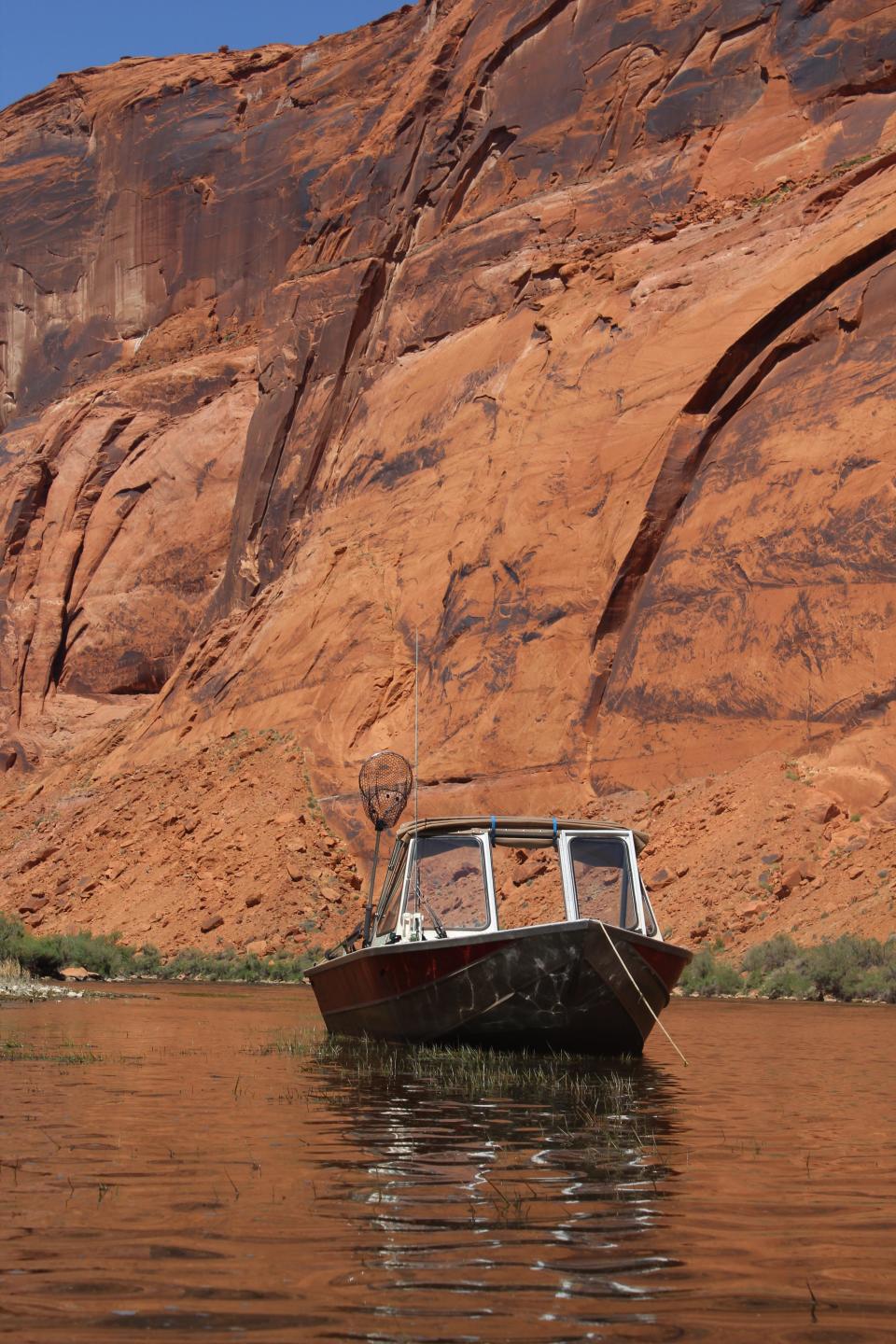 A Koffler jet boat is anchored in the Colorado River upstream from Lees Ferry in northern Arizona.