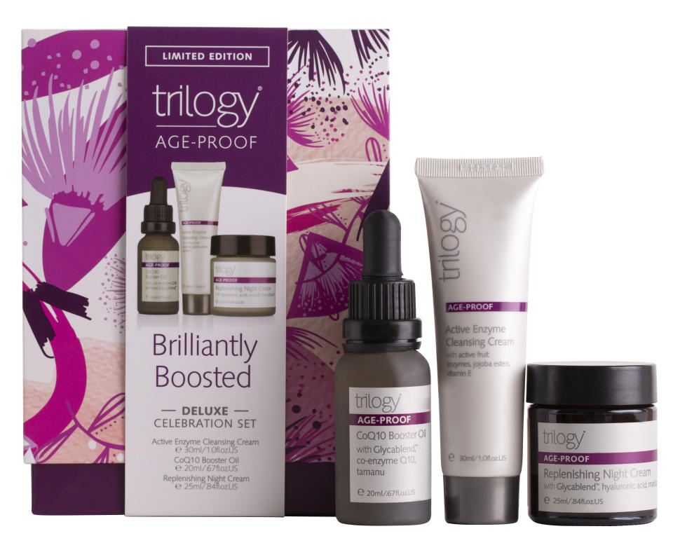 <p>If the products are good enough for Kate Middleton, the $52.99 <a rel="nofollow noopener" href="https://www.trilogyproducts.com/default/catalog/product/view/id/125/s/brilliantly-boosted-deluxe-celebration-set" target="_blank" data-ylk="slk:Trilogy Brilliantly Boosted – Deluxe Celebration Set;elm:context_link;itc:0;sec:content-canvas" class="link ">Trilogy Brilliantly Boosted – Deluxe Celebration Set</a> is good enough for us </p>