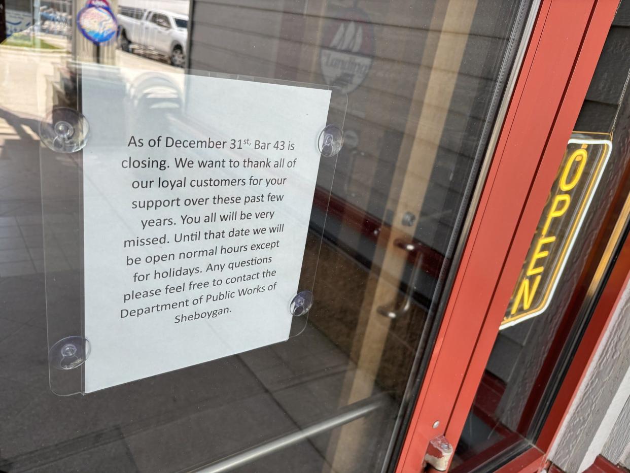 A sign on the Harbor Centre Marina door at the Sheboygan Marina notifies people Bar 43 is closed until further notice, as seen, Wednesday, May 1 in Sheboygan, Wis.