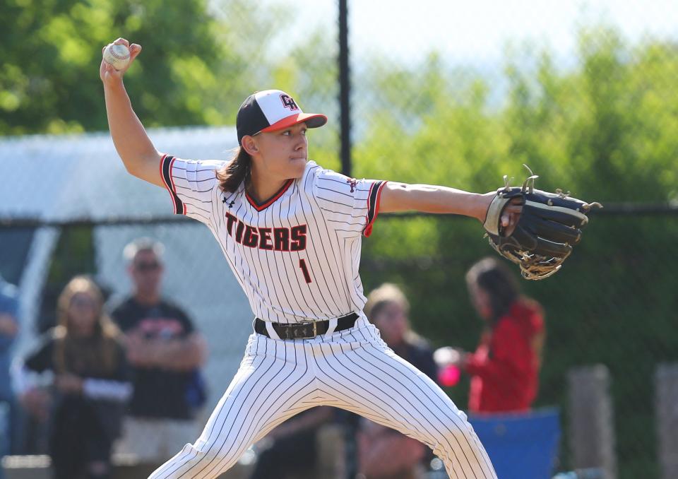 Croton pitcher Andrew Kim in action against Putnam Valley during baseball action at Croton-Harmon High School May 3, 2024. Putnam Valley won the game 5-1.