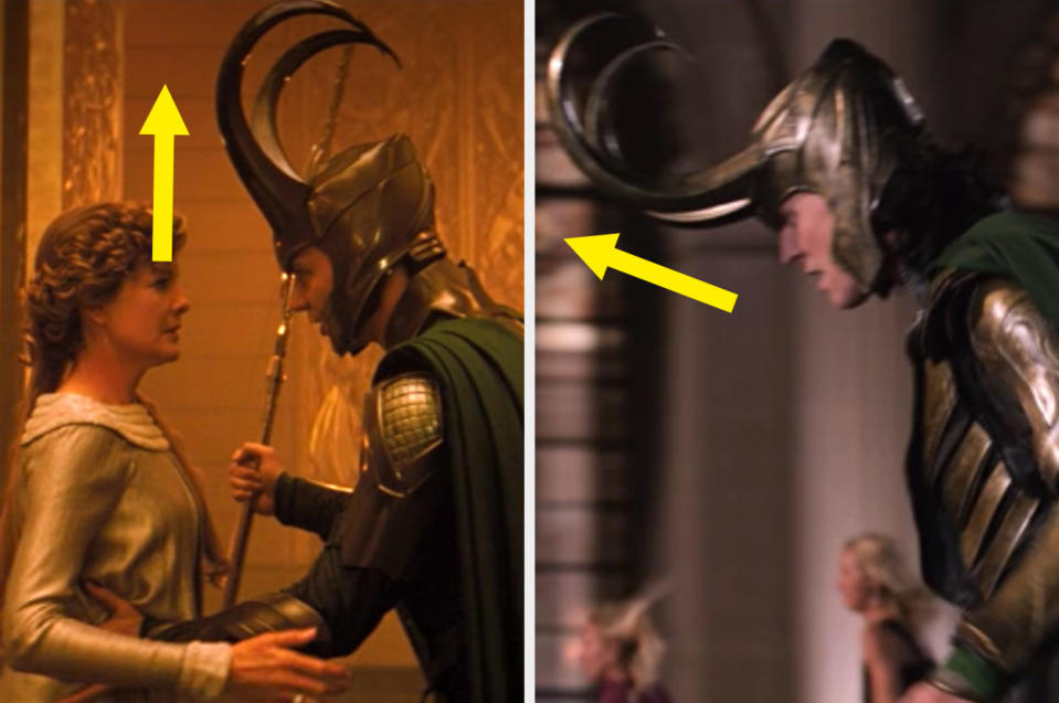 Comparison of Loki in the first movie with the horns going up and back on his helmet vs. Loki in Dark World where the horns curve forward far more and then upLok
