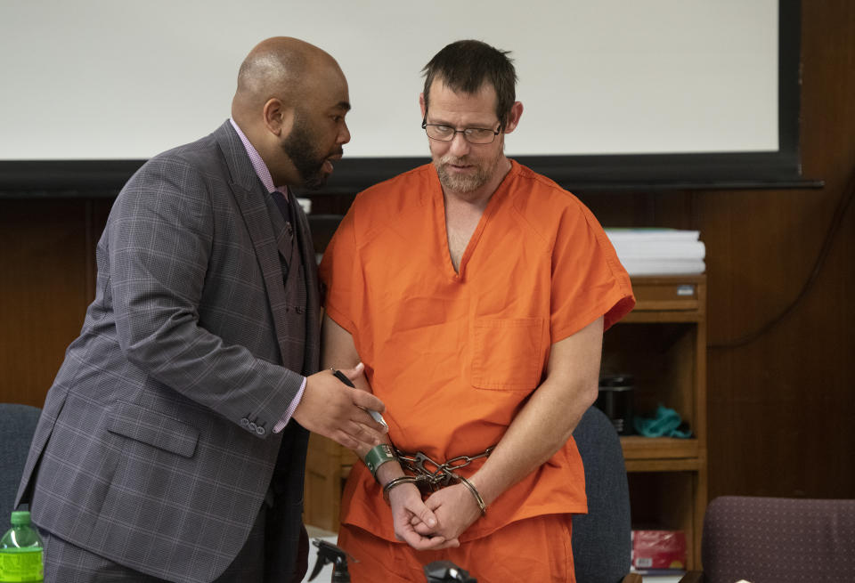 Pete Musico with attorney Kareem Johnson as he appears for sentencing in front of Jackson County Circuit Court Judge Thomas Wilson on Thursday, Dec. 15, 2022 in Jackson, Mich. Paul Bellar, Joseph Morrison and Pete Musico were accused of being involved in a plot to kidnap Michigan Gov. Gretchen Whitmer. The judge on Thursday handed down the longest prison terms so far in the plot to kidnap Michigan's governor, sentencing three men who forged an early alliance with a leader of the scheme before the FBI broke it up in 2020. ( J. Scott Park/Jackson Citizen Patriot via AP)