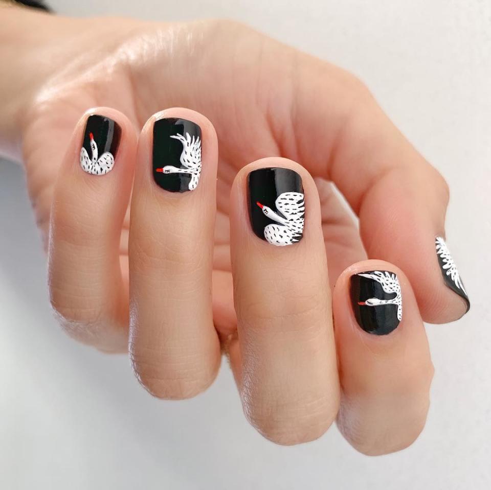 The birds may be migrating before it gets too cold, but these gorgeous geese can stick around on your nails. Nail artist Betina Goldstein used the Essie shades Licorice, Blanc, and Geranium (for the beaks) to create a tiny interpretation of artist Dinara Mirtalipova's print "Princess and Geese."