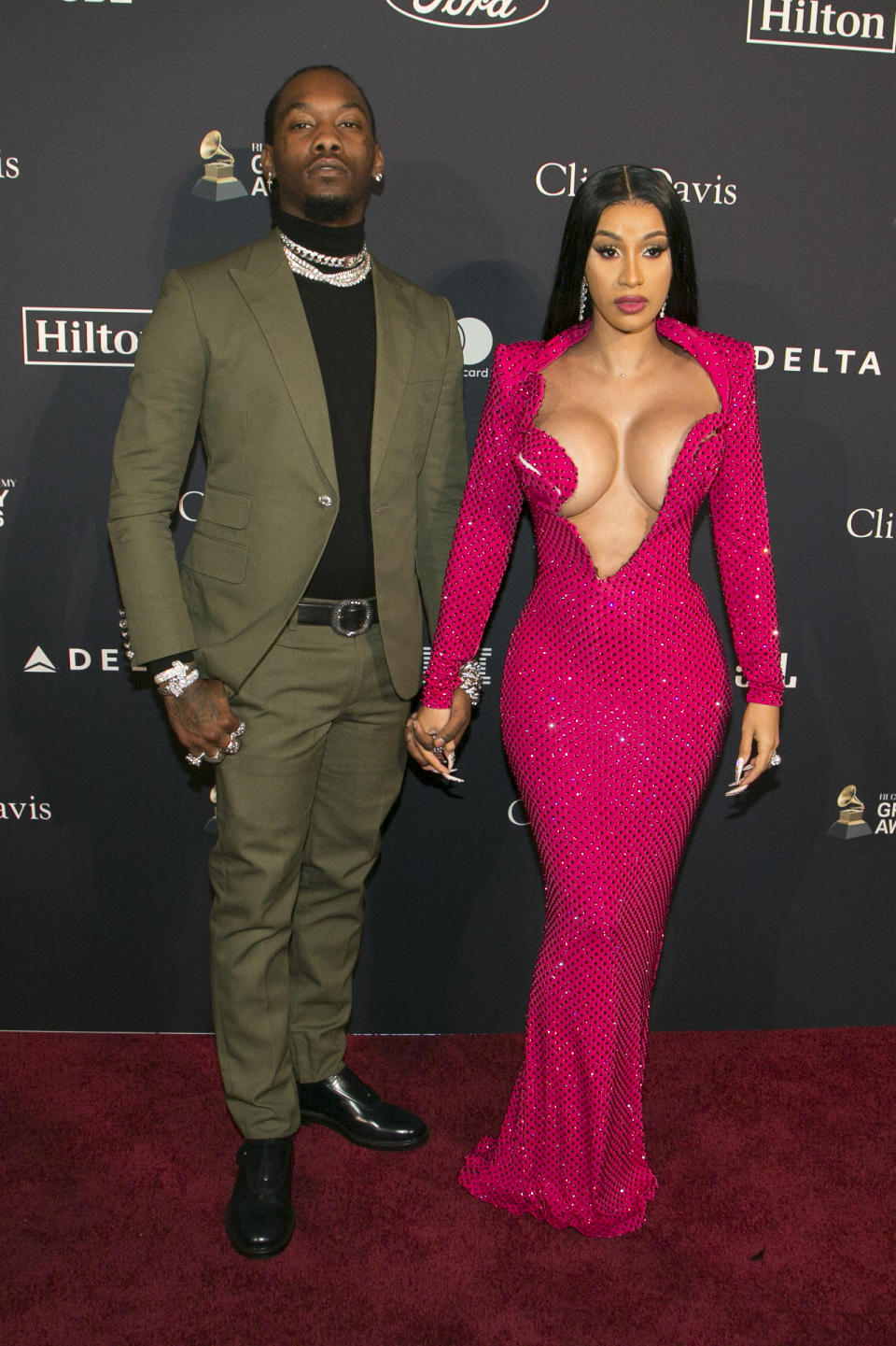 Cardi B (L) and Offset attend the Pre-GRAMMY Gala and GRAMMY Salute to Industry Icons Honoring Sean "Diddy" Combs at The Beverly Hilton Hotel on January 25, 2020 in Beverly Hills, California. (Photo by Gabriel Olsen/FilmMagic)