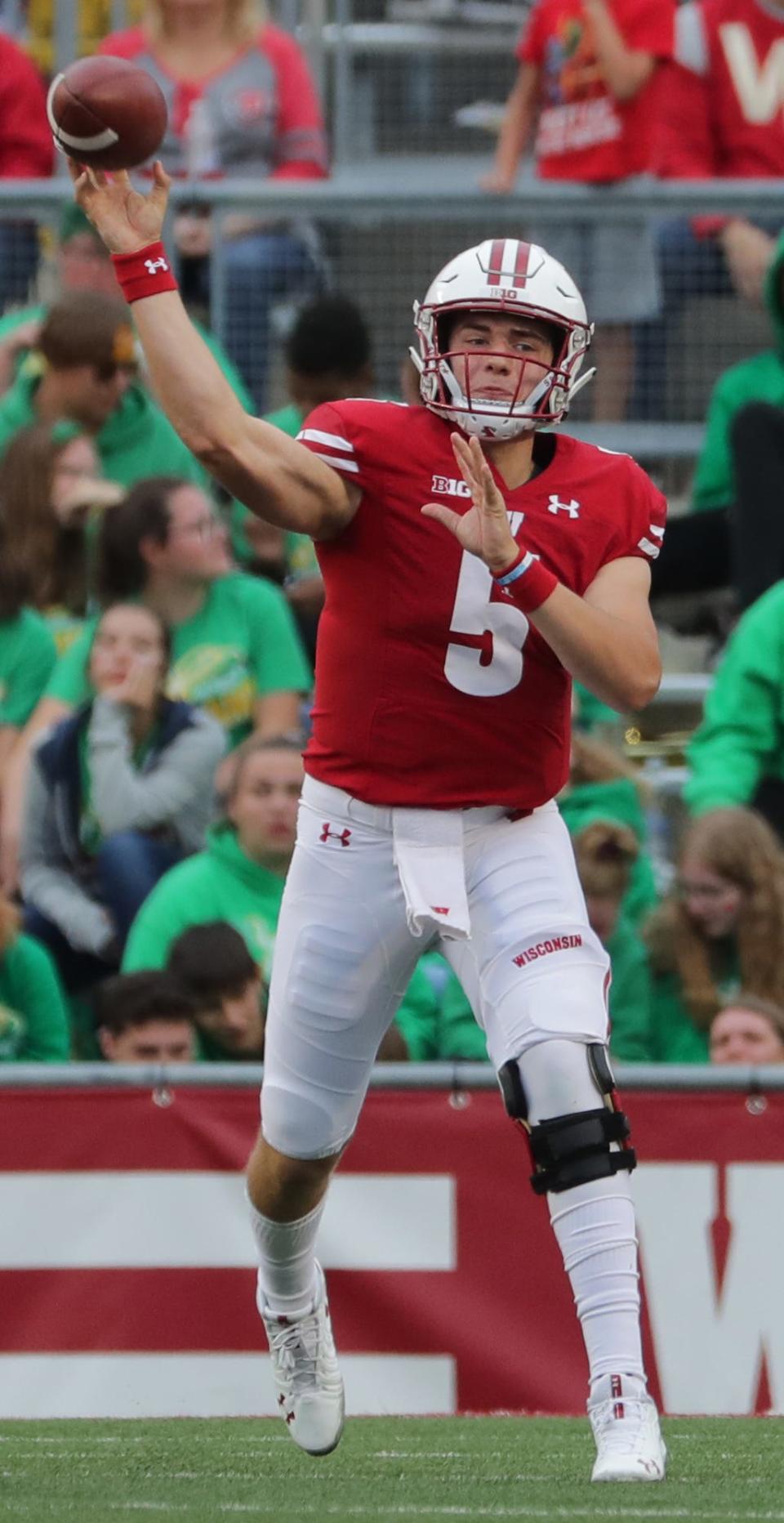 Wisconsin quarterback Graham Mertz throws a pass during the third quarter.