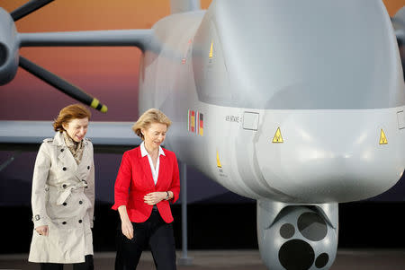 German Defense Minister Ursula von der Leyen and French Minister of the Armed Forces Florence Parly visit the ILA Air Show in Berlin, Germany, April 26, 2018. REUTERS/Axel Schmidt
