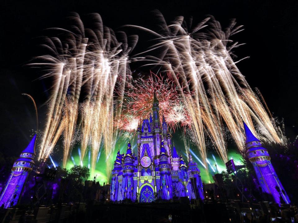 Fireworks illuminate Cinderella Castle at the Magic Kingdom marking on September 30, 2021.