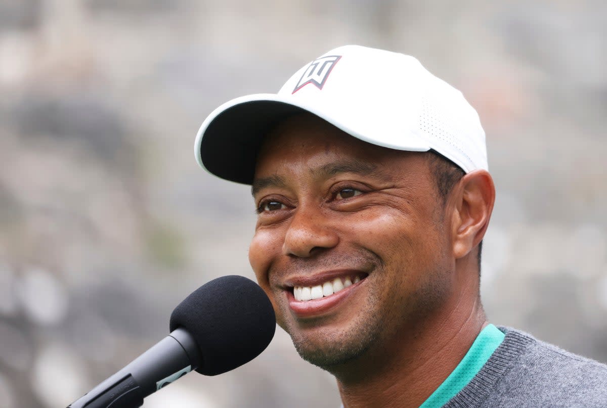 Tiger Woods speaks to the media at the JP McManus Pro-Am (Peter Morrison/AP/PA) (AP)