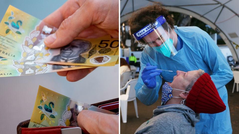 Close up of hands holding wallet, Australian Cash. Woman receives COVID-19 nasal swab in Sydney. 