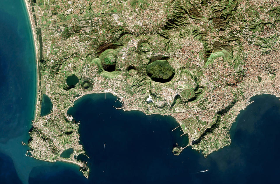 Aerial view of the landscape surrounding the volcano.