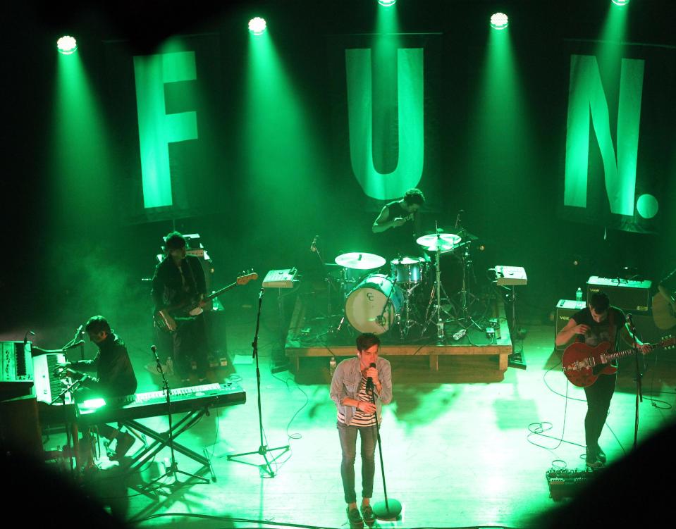 In this March 1, 2012 photo, Andew Dost, front left, Nate Ruess, front center, and Jack Antonoff, front right, perform with their band fun., at Lupo's Heartbreak Hotel in Providence, R.I. Fun., is now on a North American tour that wraps up June 16 in New York City. (AP Photo/Stew Milne)