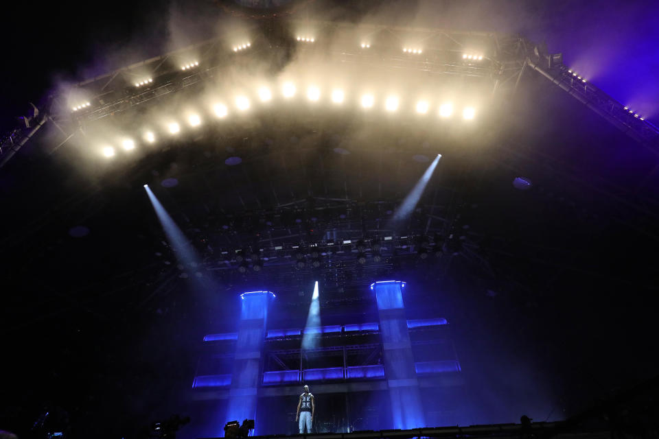 Stormzy performing on the Pyramid Stage during the Glastonbury Festival at Worthy Farm in Pilton, Somerset.