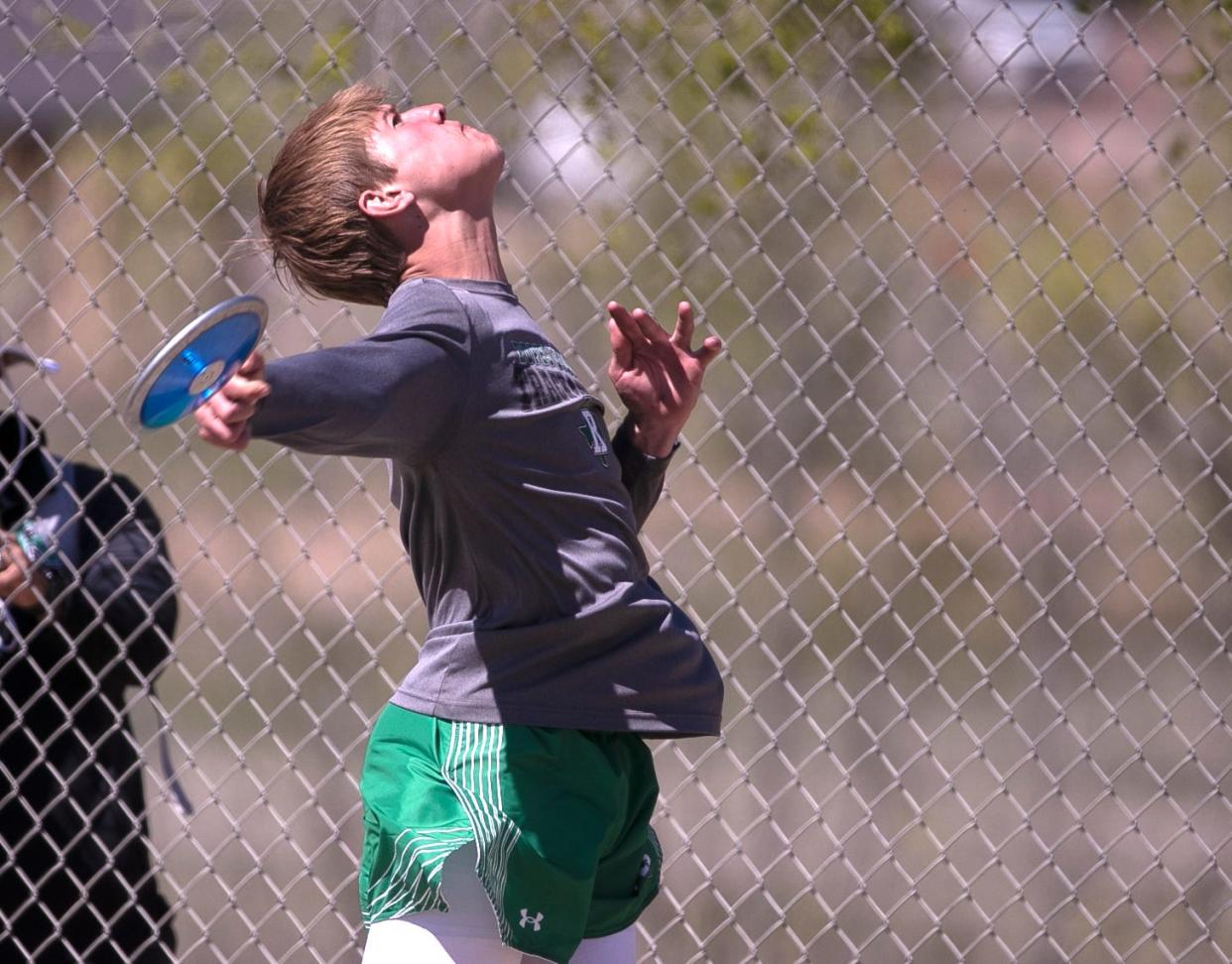 Ropes' Kaden Riker competes in the discus during the A-Town relays, Friday, March 22, 2024, at Antelope Stadium in Abernathy.