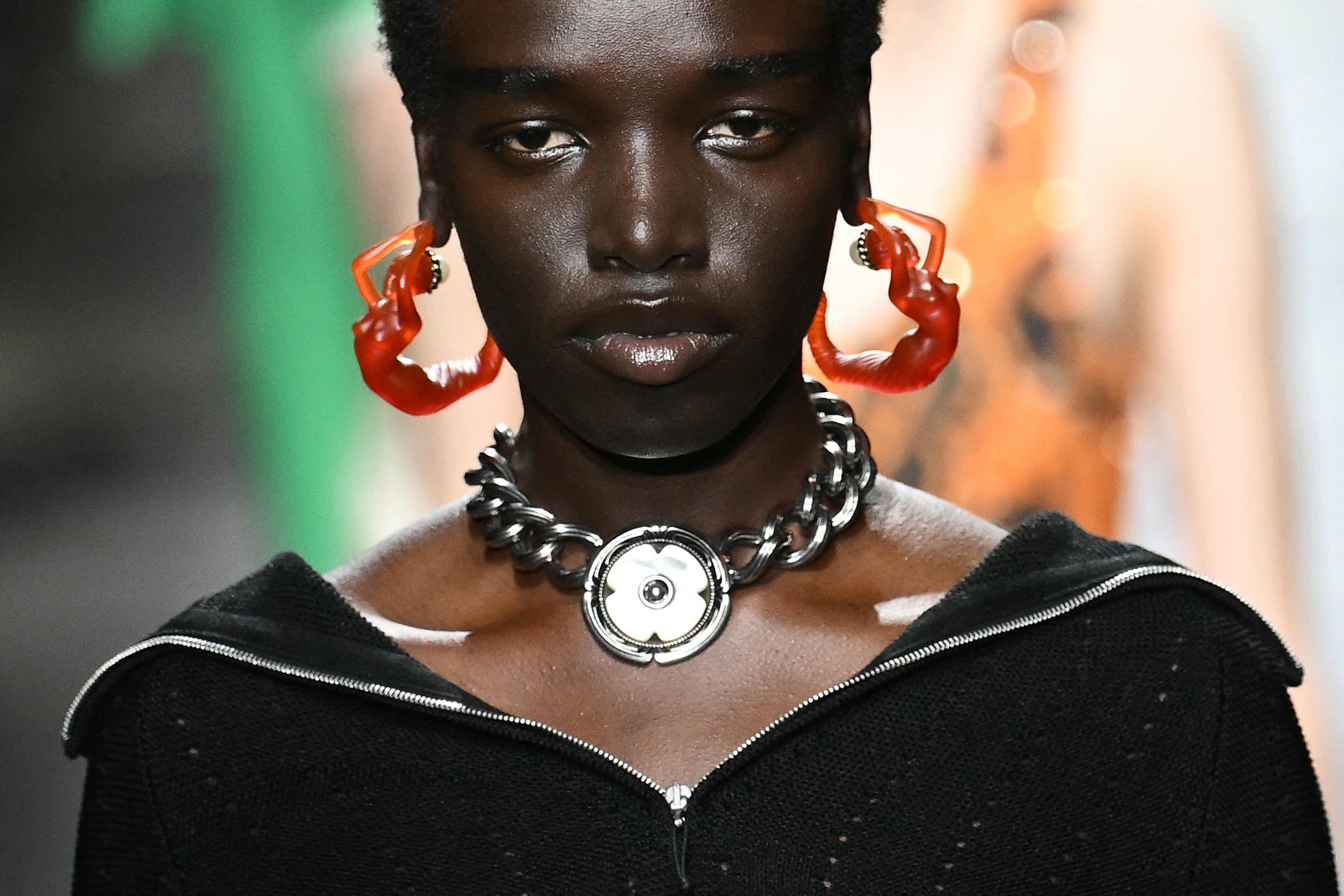 A model showcases accessories during the Etro collection show. 