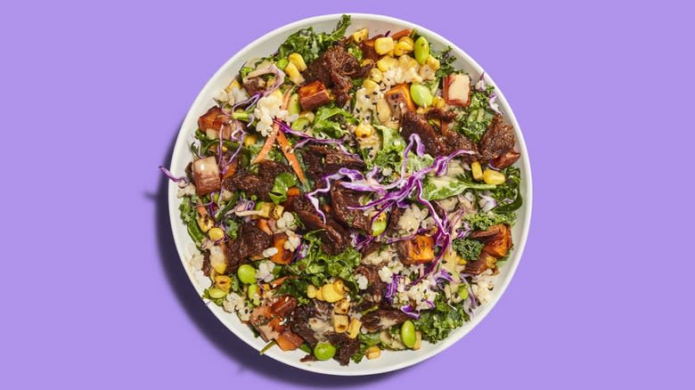 Top-down view of a Just Salad BBQ Shroom Bowl