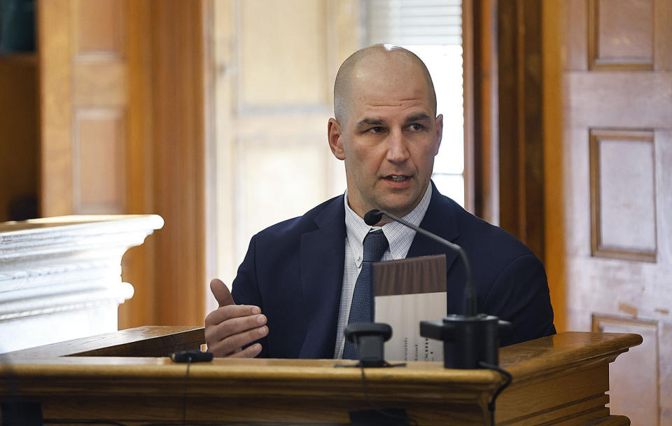 Massachusetts State Trooper Michael Proctor testifies during Karen Read's trial, Wednesday, June 12, 2024 in Norfolk Super Court in Dedham, Mass. (Greg Derr/The Patriot Ledger via AP, Pool)