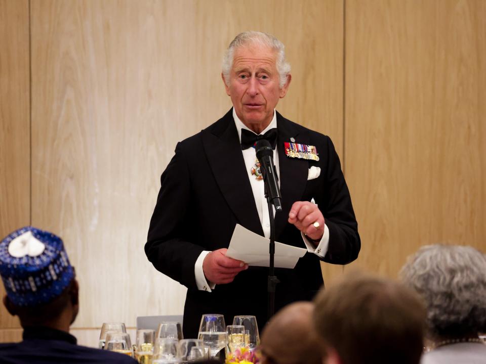 King Charles III making a speech at the Commonwealth Heads of Government Dinner at the Marriott Hotel on June 24, 2022 in Kigali, Rwanda.