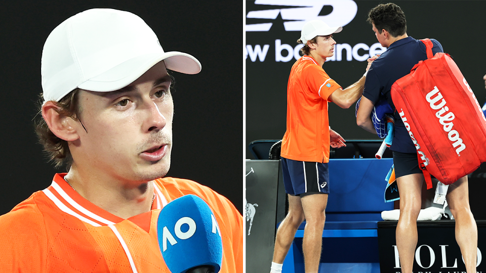 Alex de Minaur speaks after a match and De Minaur embraces Milos Raonic.