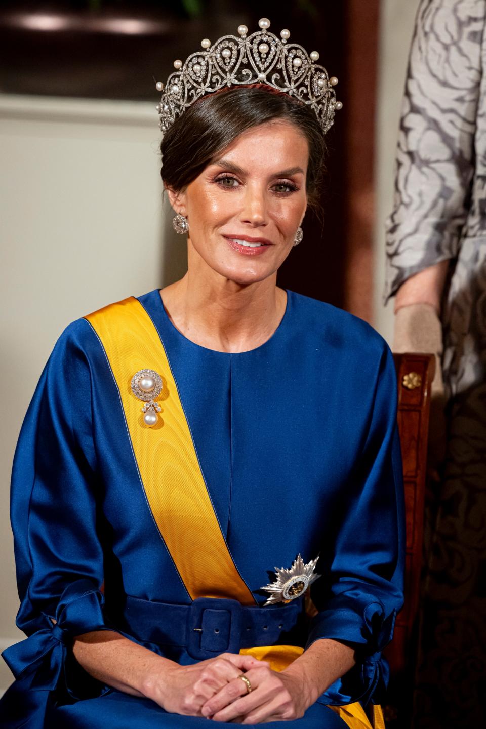 Queen Letizia of Spain at the state banquet for the Spanish Royal couple at the Royal Palace on April 17, 2024 in Amsterdam, Netherlands. The Spanish King and Queen are in The Netherlands for a two day state visit.