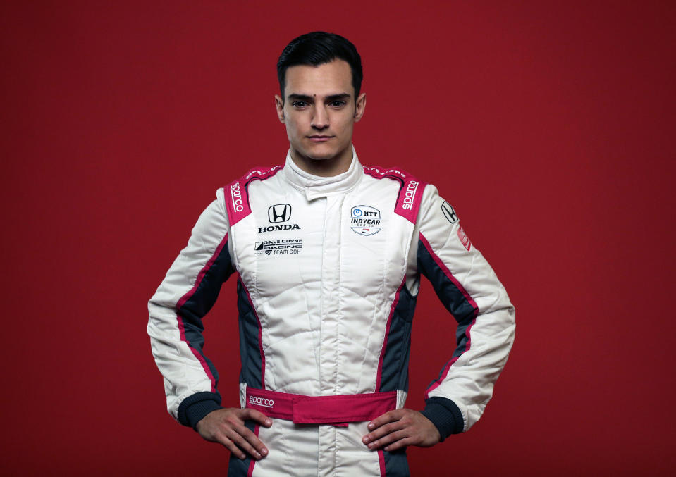 FILE - In this Feb. 10, 2020, file photo, IndyCar driver Alex Palou poses for photos during IndyCar Media Day in Austin, Texas. The 2020 season will open Saturday night, June 6, at Texas Motor Speedway in NBC's first ever primetime IndyCar race. Palou will debut for Dale Coyne Racing. (AP Photo/Eric Gay, File)