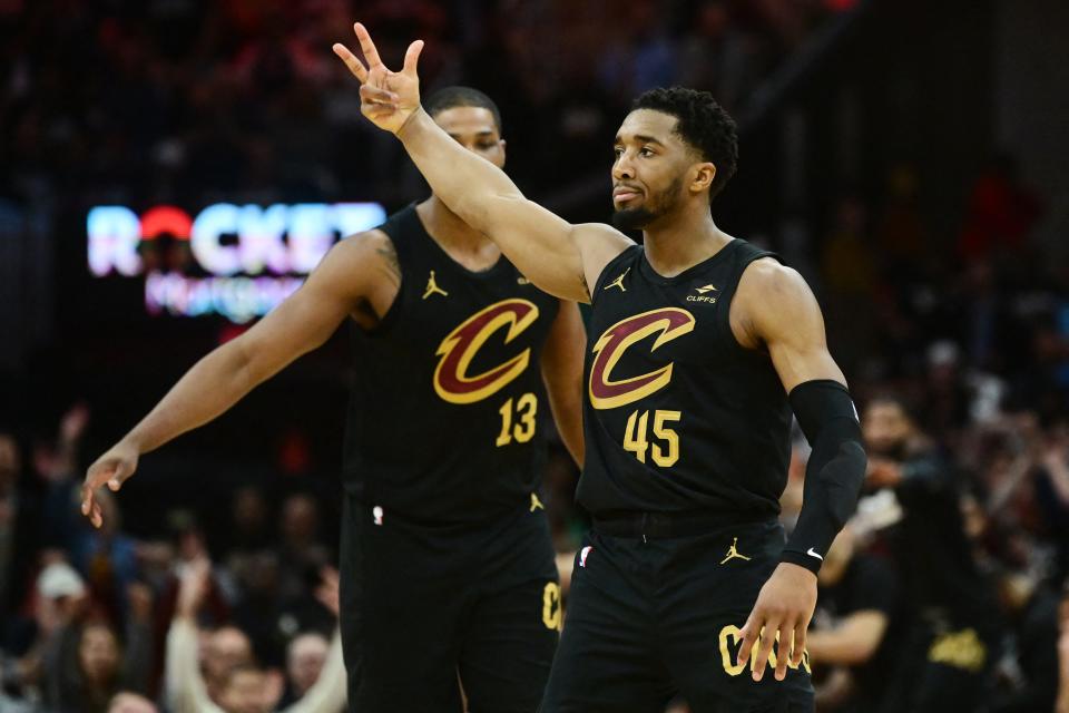 Cavaliers guard Donovan Mitchell celebrates after hitting a 3-pointer during the second half against the Magic in Game 7 of a first-round playoff series, May 5, 2024, in Cleveland.