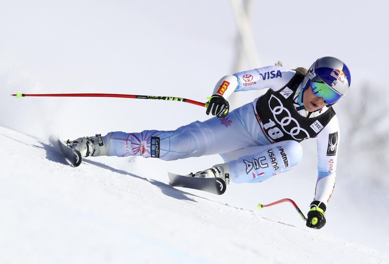 Lindsey Vonn will miss the start of her final season next week after she crashed and injured her knee on Monday while training in Colorado. (AP Photo/Alessandro Trovati)