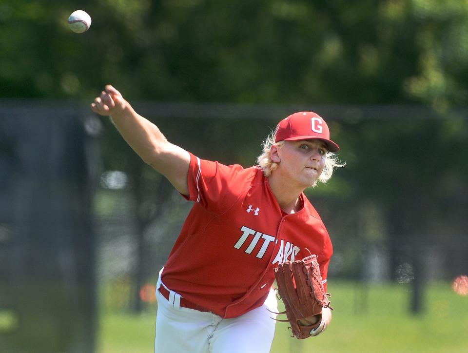 Glenwood High School's Parker Detmers pitches against Sacred Heart-Griffin on May 27, 2023.