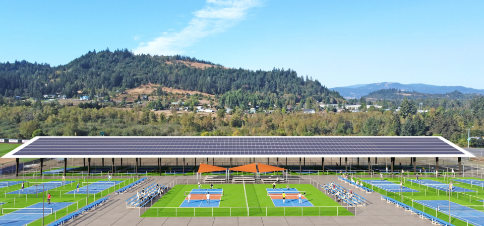 Rendering of a 24-court public pickleball complex at Lane Community College. The Emerald Valley Pickleball Foundation is asking the city of Eugene for $750,000 toward the complex.