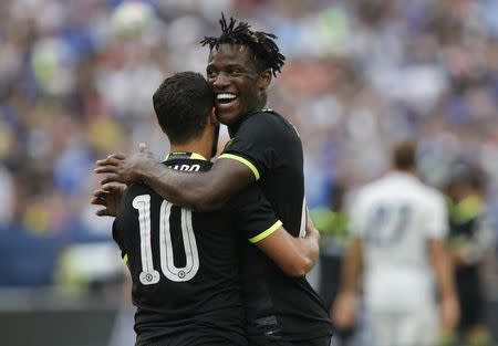 Football Soccer - Real Madrid v Chelsea - International Champions Cup - Michigan Stadium, Ann Arbor, United States of America - 30/7/16 Eden Hazard celebrates with Michy Batshuayi after scoring the first goal for Chelsea Action Images via Reuters / Rebecca Cook Livepic